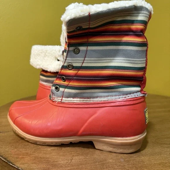 Pendleton US 8 Red Striped Roll-Top Faux Fur Lined Weather Duck Boots No Laces - Picture 10 of 12